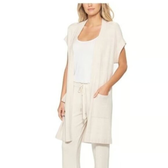 BAREFOOT DREAMS SIZE M IVORY COZYCHIC UTRA LITE SLEEVELESS LOUNGE CARDIGAN - Picture 1 of 7